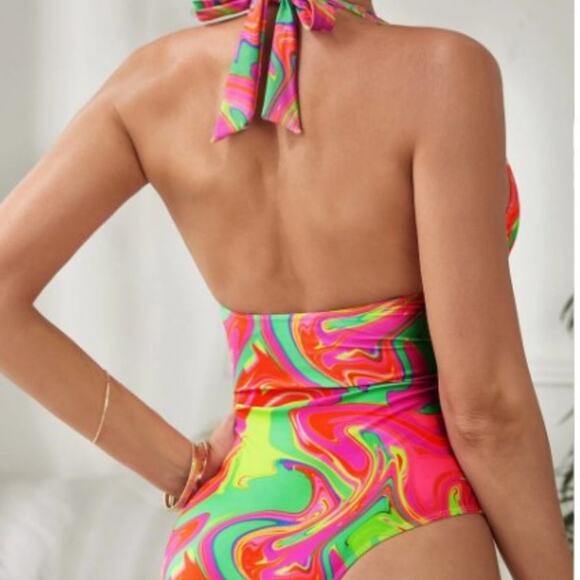 Tropical ONE PIECE Bathing Suit Sz Small Barbiecore GROOVY Hot Colors Halter NEW - Picture 3 of 12